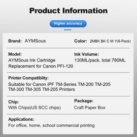 AYMSous Compatible Ink Cartridge Replacement for Canon PFI-120 PFI 120 for Canon imagePROGRAF iPF TM-200 TM-300 TM-305 TM-205 (2 Matte Black, 1 Black, 1 Cyan, 1 Magenta, 1 Yellow, 6-Pack)