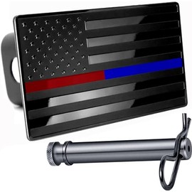 5"x3" American Black Flag Metal Hitch Cover (Fits 2.5" Receiver, Black with Red and Blue Line)