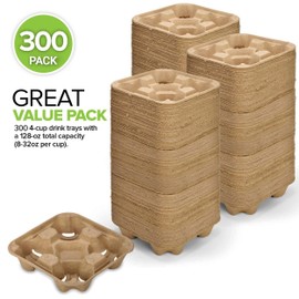 4 Cup Disposable Coffee Tray (300 Count) - Biodegradable and Compostable Cup Holder - Durable Drink Carrier for Hot or Cold Drinks, Uber Eats - to Go Coffee Cup Holder for Food Delivery Service