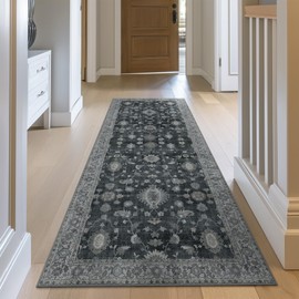 GENIMO Runner Rug for Hallways Machine Washable, 2x7 Non Slip Boho Vintage Lightweight Washable Runners, Thin Floor Rugs for Entryway Hallway Bathroom Laundry Room Corridor, Charcoal
