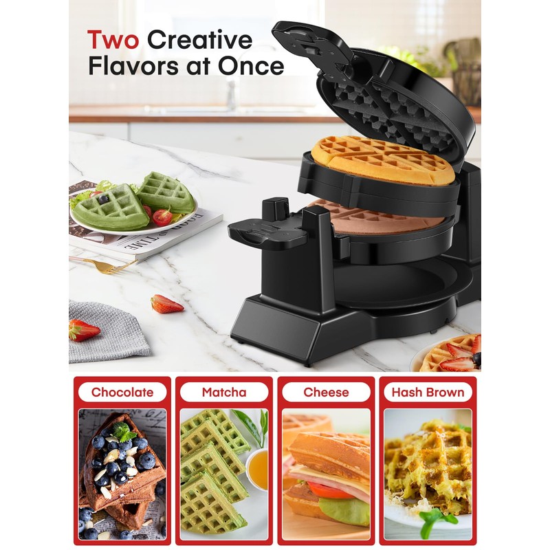 FOHERE Double Waffle Maker, 1400W Rotating Belgian Waffle Iron with
