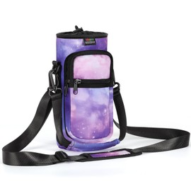 Nuovoware Water Bottle Carrier Bag, 25oz/32oz Pouch Holder, Adjustable Shoulder Hand Strap 2 Pocket Sling Neoprene Sleeve Sports Water Bottle Accessories for Hiking Travelling, Purple Starry Sky