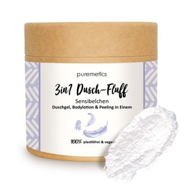 puremetics 3-in-1 Shower Fluff Sensitive with Sugar Scrub, 250 g Shower Gel, Exfoliating and Lotion in One, Vegan & Plastic-Free