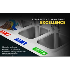 [Enhanced] Wash Rinse Sanitize Sink Labels | 3 Compartment Sink Stickers | Training Labels for Dishwashing | Food Service, Restaurant, Commercial Kitchen (1 Set: 6 x 2 in)
