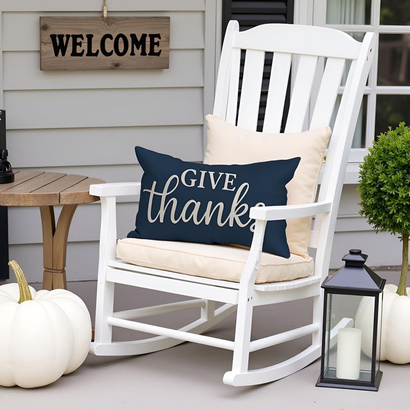 Decorative Throw Pillow Cover 12x20 Inch Give Thanks, Navy Blue