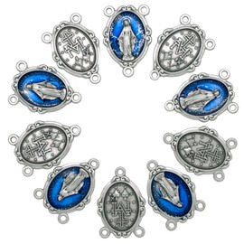 abalorio de centro de rosario de medalla milagrosa | Tono azul o plateado | Ideal para rosarios, joyas y coronillas | Suministros de manualidades religiosas católicas | Devocional de Madre María, Metal, Sin gemas.
