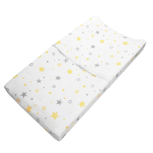 American Baby Company Printed 100% Cotton Knit Fitted Contoured Changing Table Pad Cover - Compatible with Mika Micky Bassinet, Golden Yellow Stars, for Boys and Girls