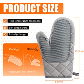 Silicone Oven Mitts, Heat Resistant 2PCS Oven Mitts with Soft Cotton Lining, Waterproof Non-Slip Grip Oven Glove, Kitchen Potholder Mits for BBQ, Baking, Cooking, 10.5Inch - Dark Grey