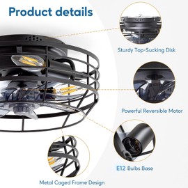 Youroke Farmhouse Caged Ceiling Fan with Light, Bladeless Flush Mount Fan Lights Ceiling Fixtures with Remote, 12 in 6 Speeds Indooor Lights for Kitchen, Living Room, Bedroom, Black