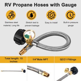 LONGADS 15 inch (Packs of 2) RV Propane Hoses with Gauge, Stainless Steel Braided Camper Tank Hose,Rv lp Gas Hoses Connector for Standard Two-Stage Regulator, 40Lb 250PSI, NPT /QCC1 Fittings