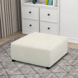 PureFit Super Stretch Form Fit Square Ottoman Cover Rectangle - Ottoman Slipcovers for Foot Stool & Folding Storage Furniture for Living Room with Nonslip Elastic Bottom (Medium-XL, Ivory)