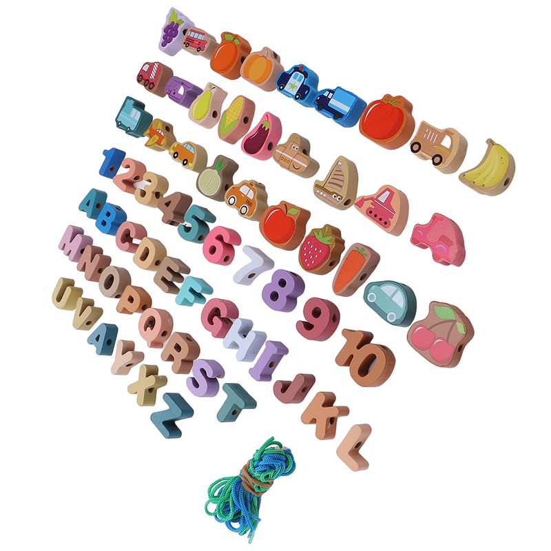 64pcs Lacing Bead Set Wooden Number Fruit Pattern Stringing Beads