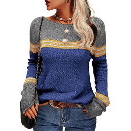 Grlasen - Suéter de punto para mujer, diseño de bloques de color, cuello redondo, para otoño e invierno, Azul marino, XXL