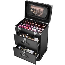 Rolling Makeup Case, Large Professional Cosmetic Trolley with Locks and Dividers, 3-Layer Aluminum Alloy Makeup Organizer for Makeup Artists, Nail Tech, Hair Stylists (Gold/Black/Pink) (Black)