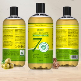 Pure Castile Soap - No Palm Oil, GMO-Free - Gentle Liquid Soap For Sensitive Skin & Baby Wash - All Natural Vegan Formula with Organic Carrier Oils (16 Fl Oz, An Unscented)