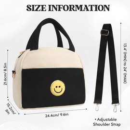 Kids Lunch Bag Lunch Box for Teen Girls Boys Back to School, Cute Preppy Lunchbox With Adjustable Shoulder Strap, Insulated Corduroy Lunch-Boxes Lunch-Bags for Women Work Picnic (Black)