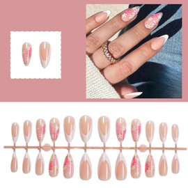 Flower Fake Nails, 24pcs Flower Press On Nails Medium Almond Shape Glossy False Artificial Summer Fresh Stick on Nails, Long Lasting Manicure Art Decoration Home DIY Comfortable Fit