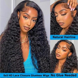 5x5 HD Lace Closure Wigs Human Hair Glueless Wigs Pre Plucked Pre Cut with Baby Hair Deep Wave Lace Front Wigs for Black Women Wear and Go Human Hair Natural Color 26 Inch