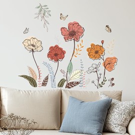 OUFEI Boho Wall Decor Stickers Floral Wallpaper Peel and Stick Hand-Painted Flowers Decals for Living Room Baby Kids Nursery Girls Bedroom Decoration