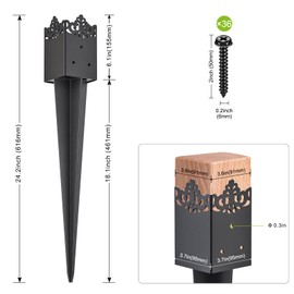 Insaga 6PCS Fence Post Anchor Metal Ground Spike, Black Powder Coated 4x4 Post Spike, Heavy Duty 4x4 Ground Post Stakes Anchors to Support Fence, Mailbox, Lamp Posts, Inner Diameter 3.6x3.6''