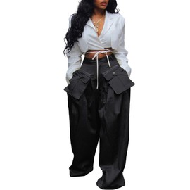 DINGANG High Waisted Wide Leg Cargo Pants Women Flowy Casual Pants with Zippers Pockets