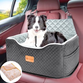 AlfaTok Memory Foam Booster Dog Car Seat for Medium Dogs (Under 45LBS): Elevated, Detachable Washable, Anti-Slip, for Car Back Seat, Travel Pet Bed with Seat Belt