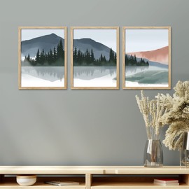 SIGNWIN Framed Pastel Mountain Rang Wall Art, Set of 3 Lake Reflection Wall Decor Prints, Nature Wilderness Wall Décor for Living Room, Bedroom - 11"x14" Natural