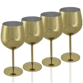 FXKS Set of 4 Gold Stainless Steel Wine Glass, 15 oz Unbreakable Metal Wine Glasses，Portable Stainless Steel Wine Glasses Suitable for Valentines, Outdoors, Weddings, Parties, Anniversary