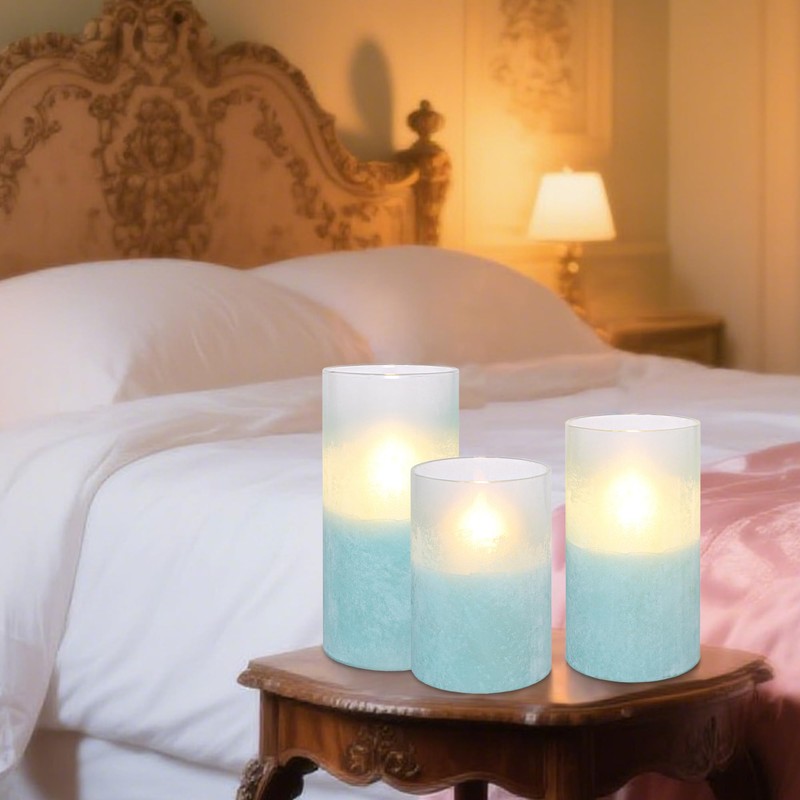 Holitown Glass Flameless Candles Set of 3 Blue Sandblasted Battery
