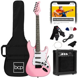Best Choice Products 39in Full Size Beginner Electric Guitar Starter Kit w/Case, Strap, 11W Amp, Strings, Pick, Tremolo Bar - Pink