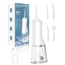 Water Dental Flosser - Portable Cordless Oral Irrigator 300ML, Rechargeable IPX7 Waterproof Irrigation Cleaner for Teeth Cleaning & Flossing, Travel & Home Use (Pearl White)