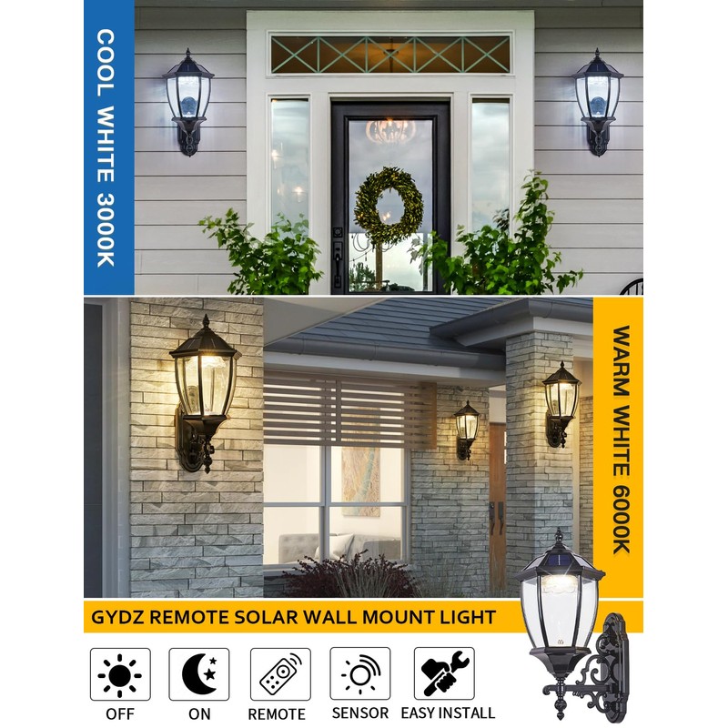 GYDZ Outdoor Solar Wall Light with Dusk to Dawn Photocell,