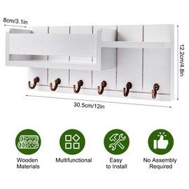 Orixo Key Rack with Wooden Tray, Wall Key Rack with 6 Hooks, Key Holder Wall, Key Hook with Shelf, Key Hanger for Entrance, Hallway, Living Room, Bedroom, Office, White