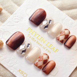 Handmade Press On Nails impress Fake Nails Square Short 3D Cat Eye Checkered Tortoise shell Finger Manicure glue False Nails press ons Nail Artificial Nails for women