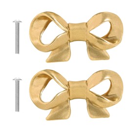 BYH 2pcs Bow Cabinet Drawer Pulls, Gold Solid Brass Bow Cabinet Knobs with Screws, Vintage Knobs Decorative Bow Knobs Cupboard Pull Handles for Home Kitchen Hardware Wardrobe Drawers