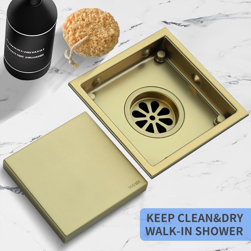 4-Inch Square Shower Drain, Brushed Gold Floor Drain with Flange,