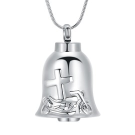 Motorcycle Bell Urn Necklace for Ashes Memorial Pendant Cross Cremation Jewelry Ash Holder Keepsake Jewellery Gift for Loved Ones Motorcycle Bells Keychain (Silver)
