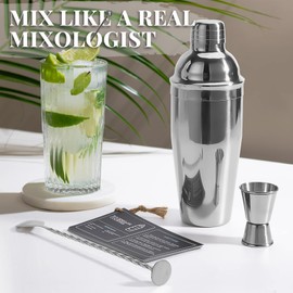MixMate Premium Cocktail Shaker Set - 4 Piece Bar Shaker Kit Perfect for the House - Includes Martini Cocktail Shaker (710ml) and Premium Accessories - Jigger & Cocktail Spoon Set. Rustproof Bar Shaker + FREE Cocktail Recipe Booklet