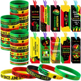 Foilswirl 160 Pcs Juneteenth Day Party Favors Include Silicone Bracelets Wristbands and Juneteenth Bookmarks with Ribbon for June 19th Black Freedom Day Celebration Classroom Inspirational Handouts