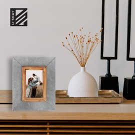 Li'Shay Picture Frame for 4x6 Photos - Rustic Edge Wood and Galvanized Hammered Metal Frame
