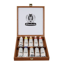 Schmincke - MUSSINI® finest resin oil colors, 10 x 35 ml set, 70 010 097, wooden box walnut-tinted, resin oil color based on recipes of old masters