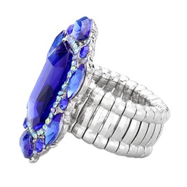 Rosemarie & Jubalee Women's Statement Emerald Cut Glass Crystal Stretch Cocktail Ring (Royal Blue Crystal Silver Tone)