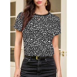 EVALESS Womens Elegant Polka Dot Tops Crewneck Short Sleeve T Shirts Fashion 2026 Spring Summer Loose Fit Shirts Black Large