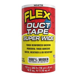 Flex Duct Tape, Super Wide, 7.5 Inches x 20 Feet, White, Heavy Duty Strong, Multi-Surface, Water, Weather and UV Resistant, Tearable, Perfect for Boxes, No Residue