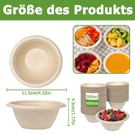 Kozdtiz Disposable Soup Bowls, Pack of 50 Disposable Sugarcane Bowls, Biodegradable and Compostable for Party, Household, Picnic, 260 ml, Natural
