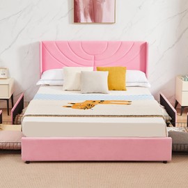 VECELO Upholstered Platform Full Bed Frame with 4 Drawers&Wave Fabric Headboard,Wooden Slats Support/No Box Spring Needed/Mattress Foundation,Pink