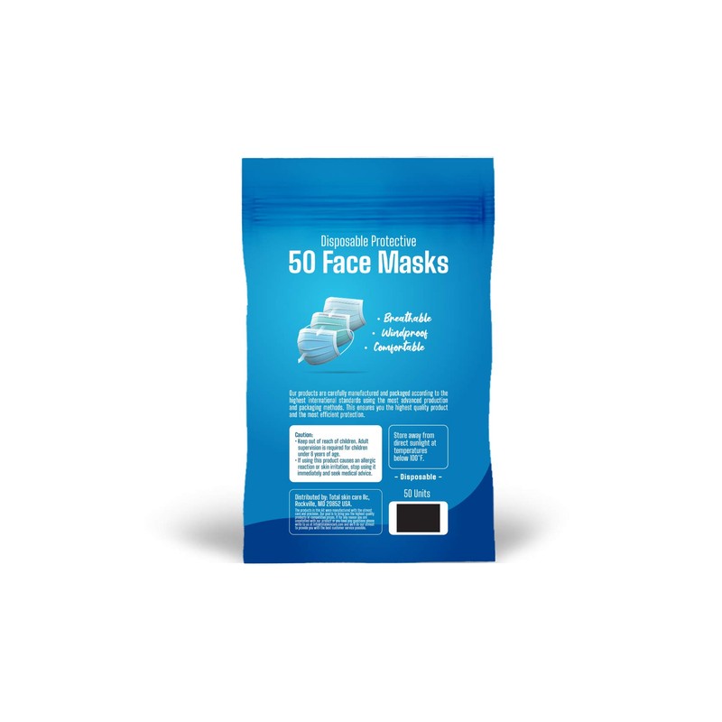 50 Pack of Disposable Protective Face Masks