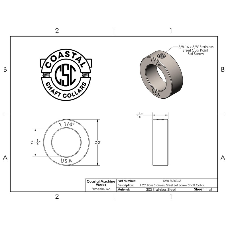 Coastal Shaft Collars - 1.25" Bore Diameter - Set Screw