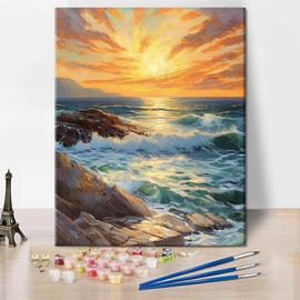 TISHIRON DIY Paint by Numbers for Adults with Brushes Seascape with Sunset Digital Painting Oil Hand Painting Seaside Sunset Adult Paint by Number Kits on Canvas Art Crafts 16"x20"(Frameless)