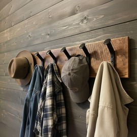Magnolia Oaks Woodshop Rustic Farmhouse Reclaimed Wood Wall Hanging Rack with Railroad Spike Hooks - Holds 6+ Coats & Hats (Dark Walnut Stain)